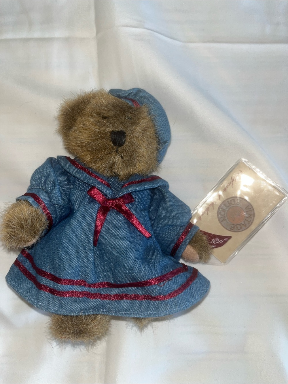Russ Vintage Plush Brown Teddy Bear Penelope in Blue Sailor Dress with COA